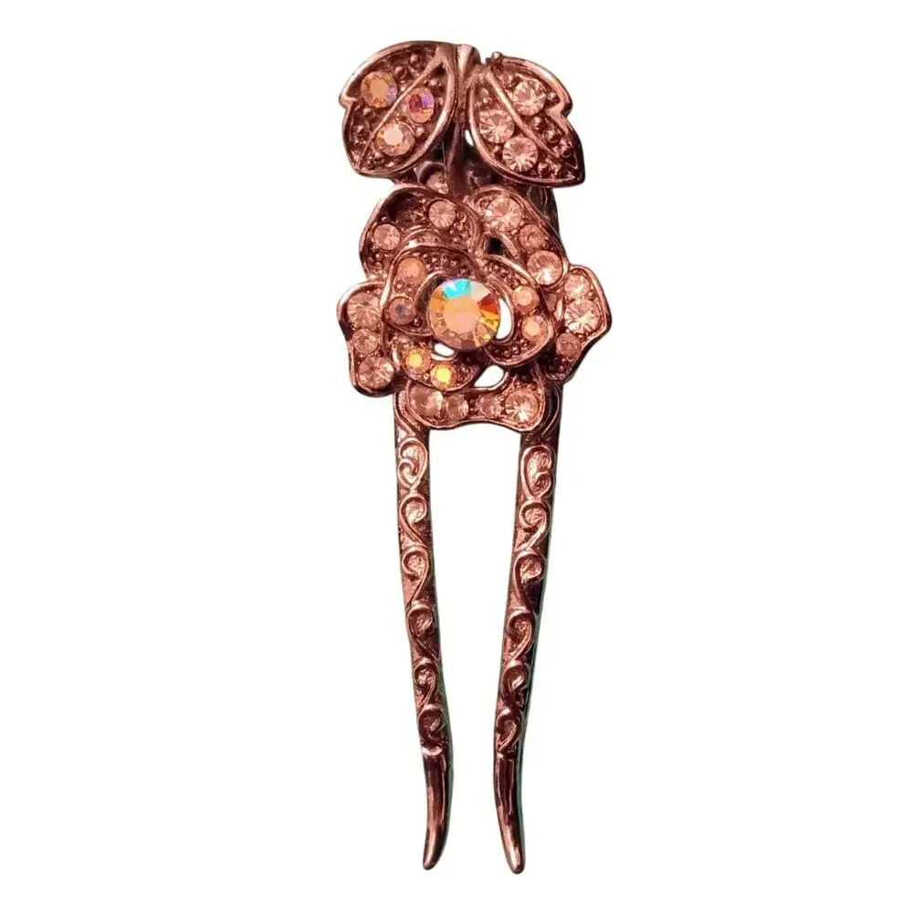 Vintage Bronze Tone Rhinestone Rose Hair Fork Stick Pin Two Prong Chignon Clip